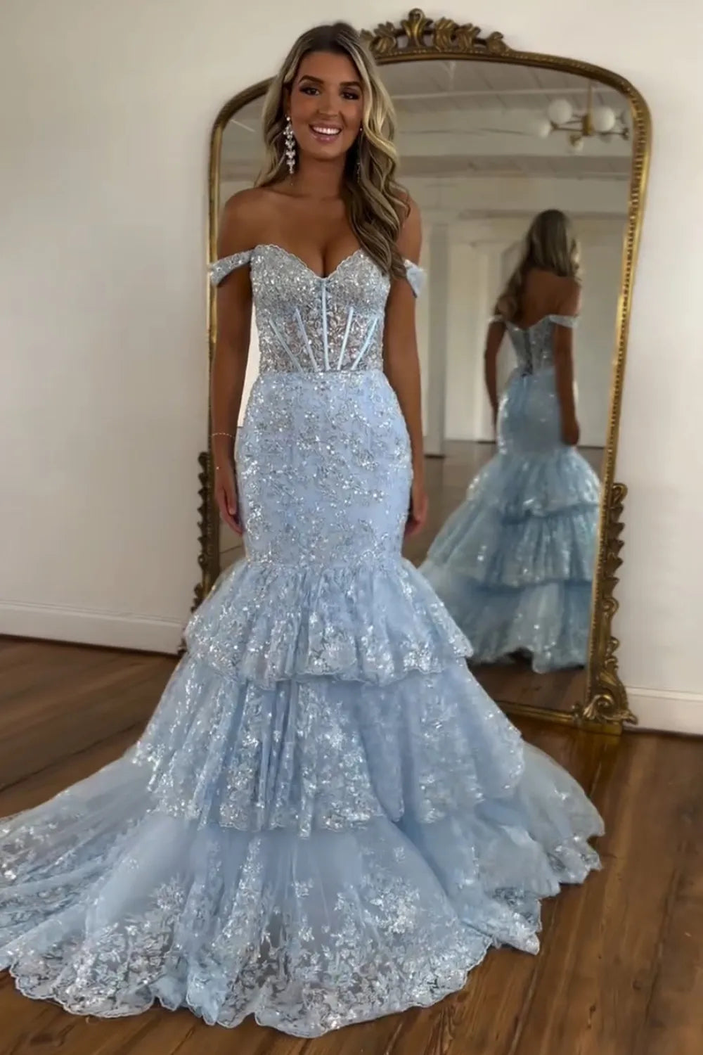 Sparkly Off-the-Shoulder Sequin Mermaid Tiered Long Prom Dress