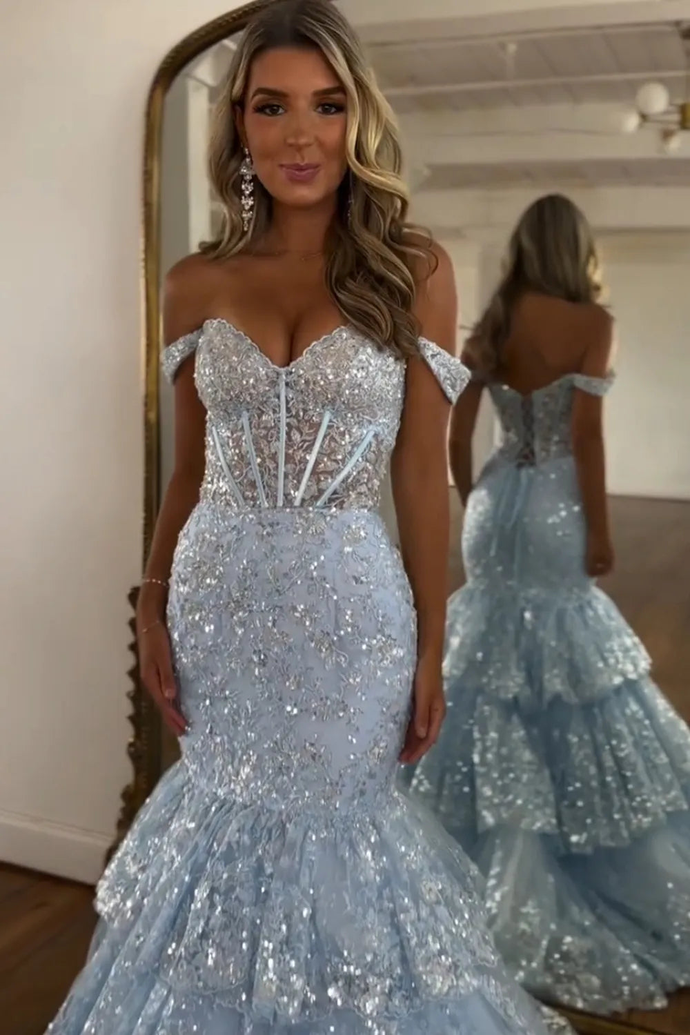 Sparkly Off-the-Shoulder Sequin Mermaid Tiered Long Prom Dress