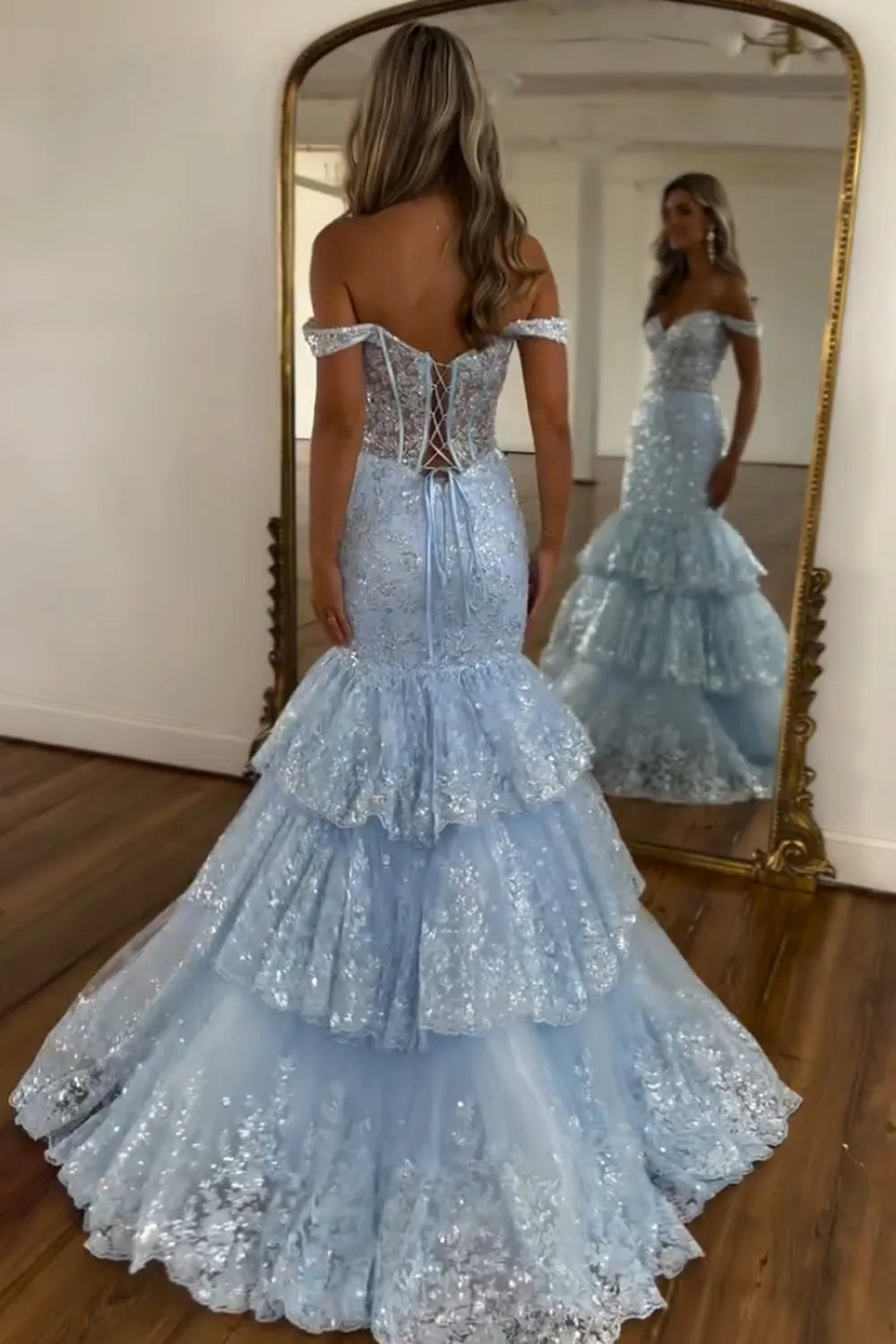 Sparkly Off-the-Shoulder Sequin Mermaid Tiered Long Prom Dress