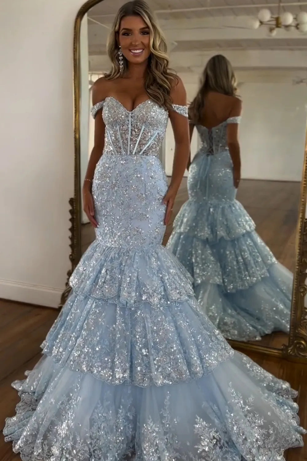 Sparkly Off-the-Shoulder Sequin Mermaid Tiered Long Prom Dress
