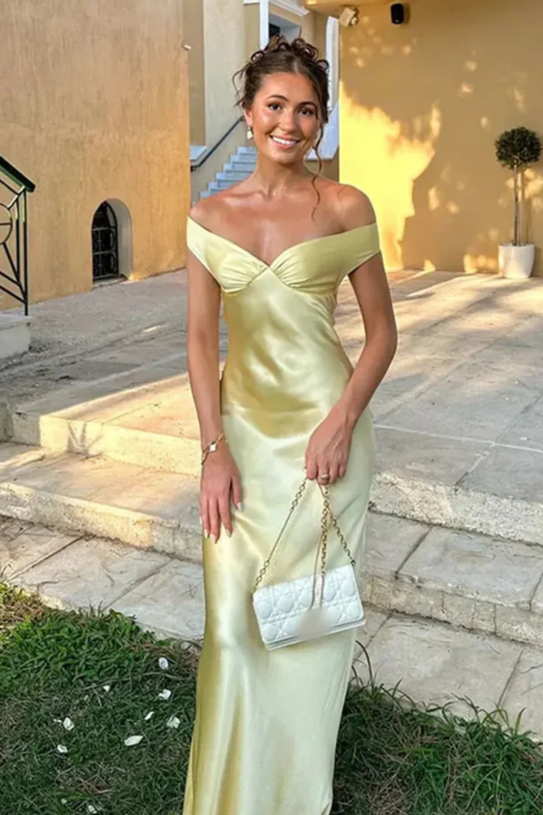 Yellow Off-the-Shoulder Satin Mermaid Long Prom Dress
