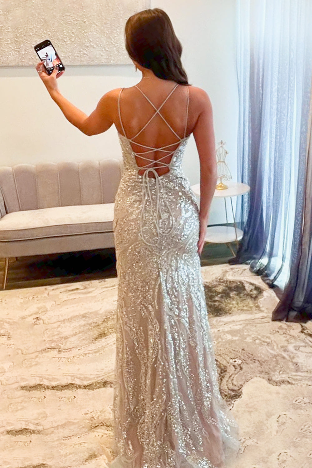 Sparkly Spaghetti Straps Sequin Mermaid Long Prom Dress with Slit