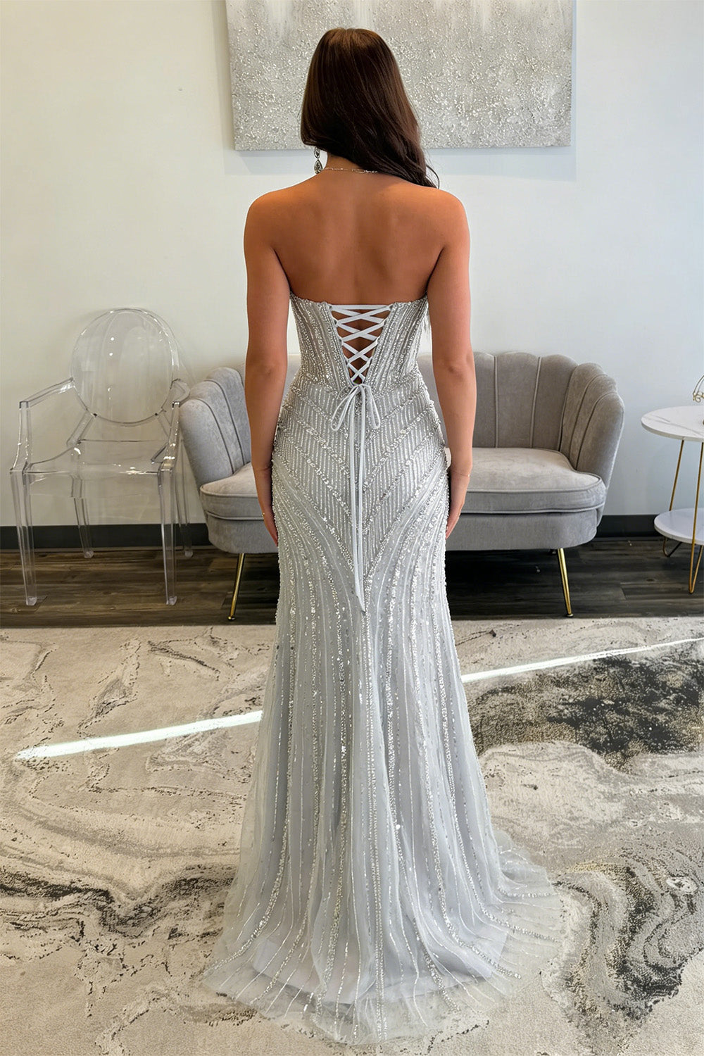 Sparkly Silver Sweetheart Beaded Mermaid Long Prom Dress with Slit