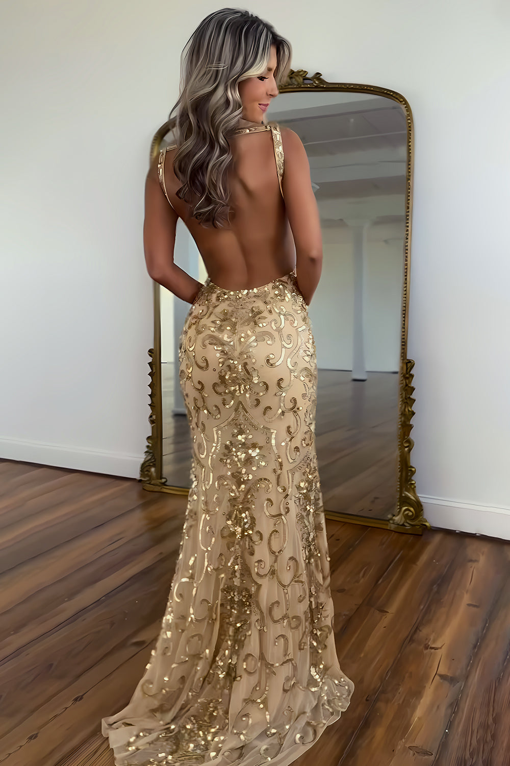 Sparkly Gold V-Neck Sequin Mermaid Long Prom Dress with Slit