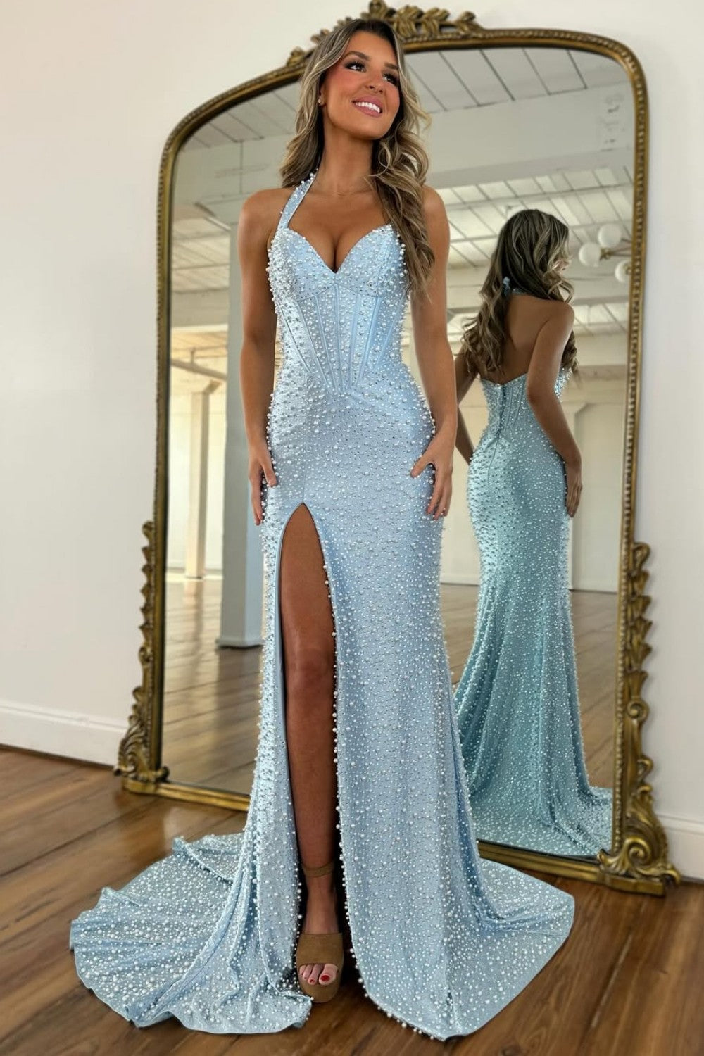 Glitter Light Blue Halter Beaded Mermaid Long Prom Dress with Pearls