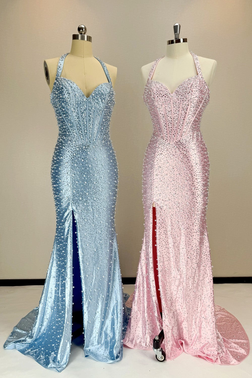 Glitter Light Blue Halter Beaded Mermaid Long Prom Dress with Pearls