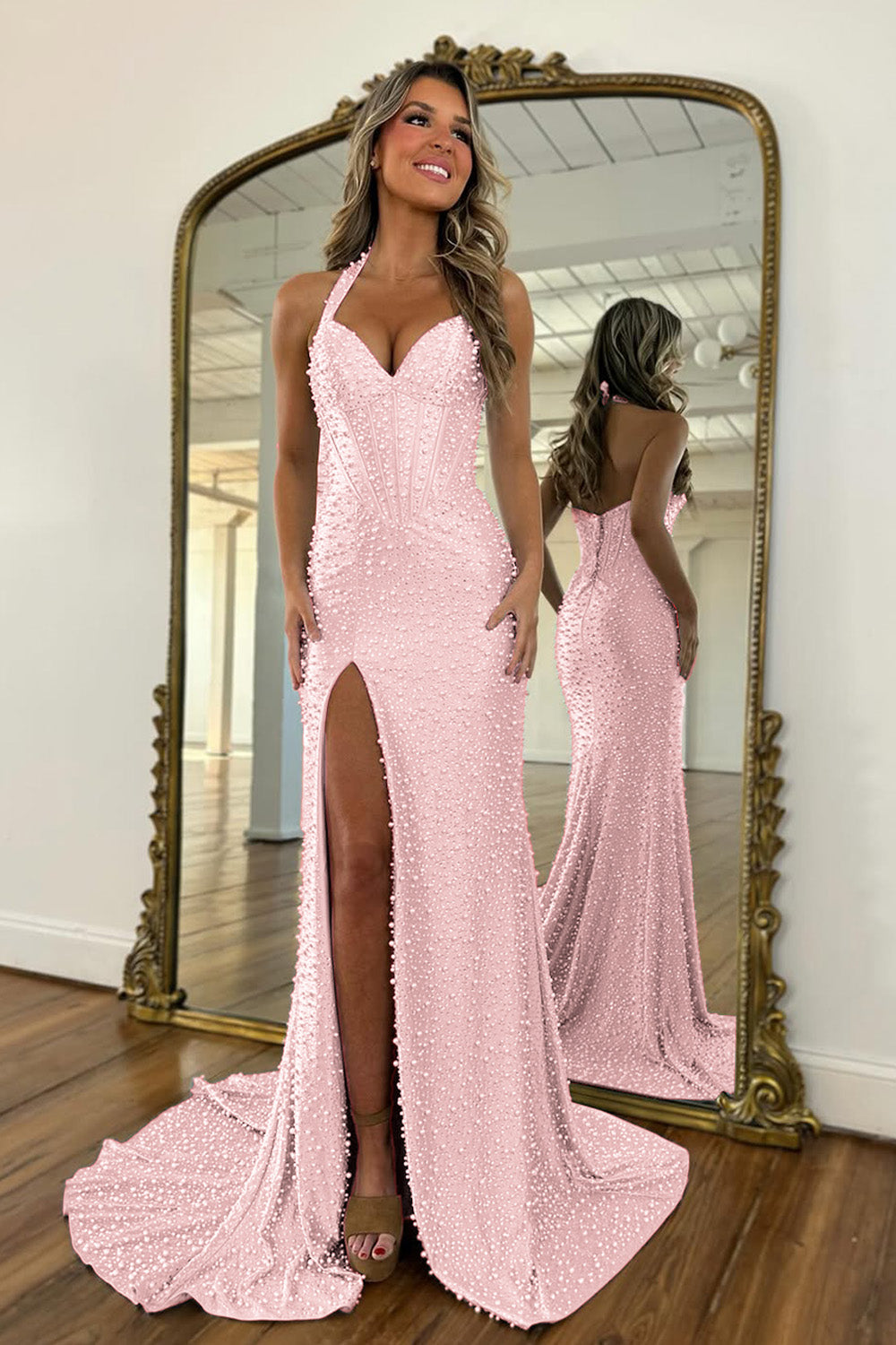 Glitter Light Blue Halter Beaded Mermaid Long Prom Dress with Pearls