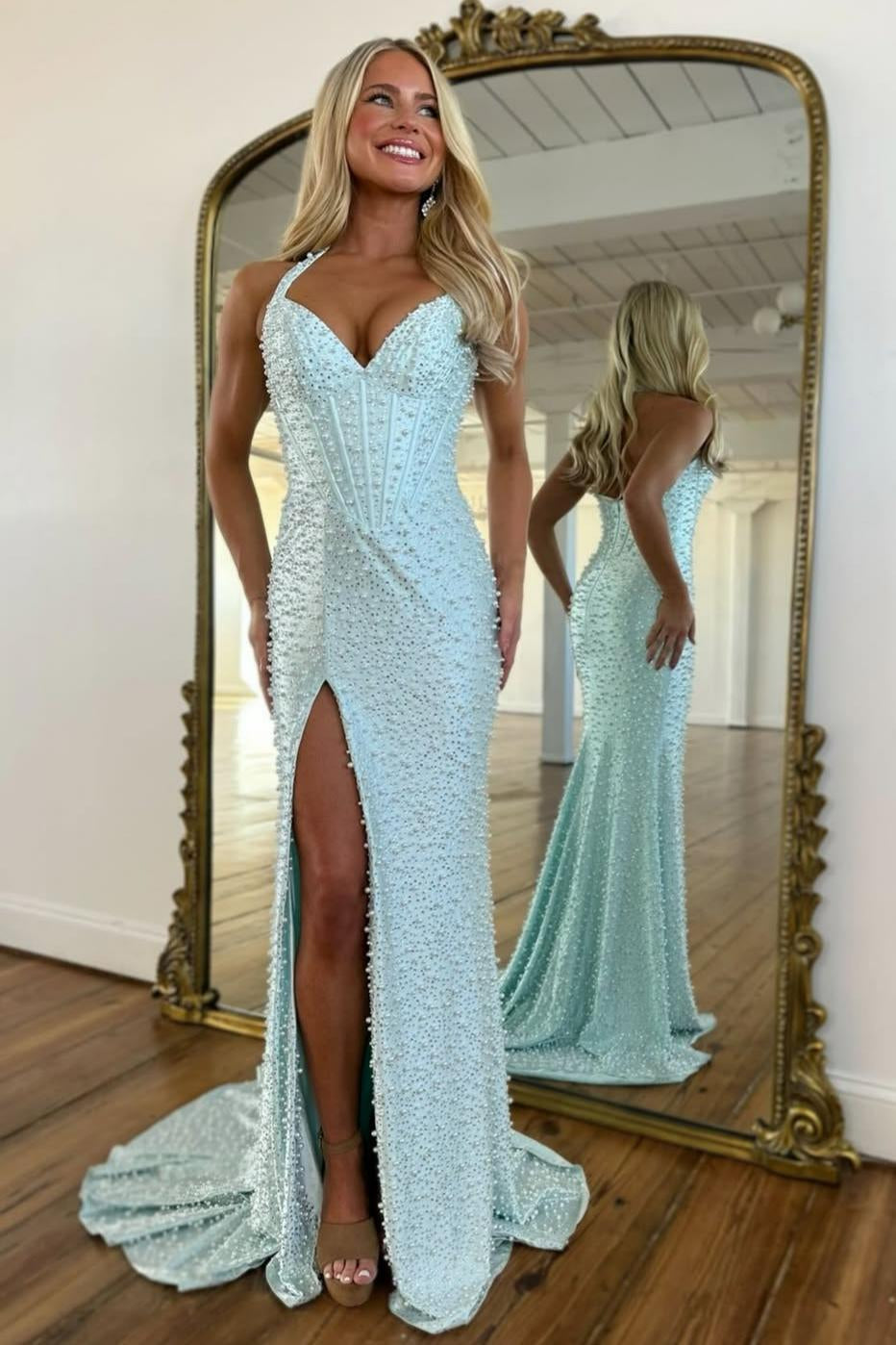Glitter Light Blue Halter Beaded Mermaid Long Prom Dress with Pearls