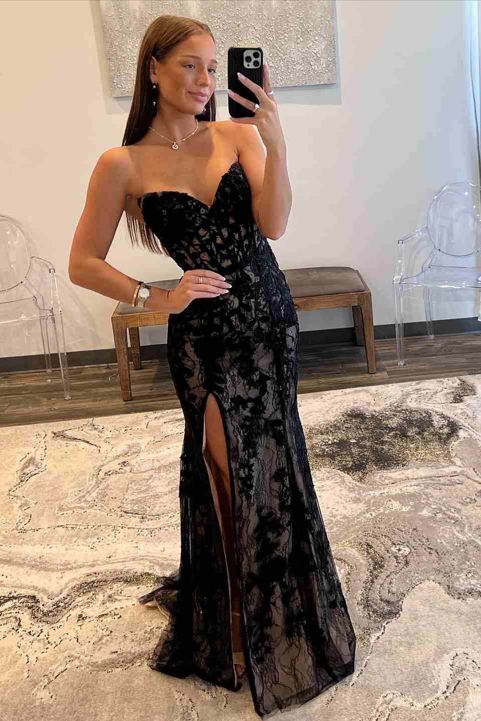Black Sweetheart Lace Mermaid Long Corset Prom Dress with Slit