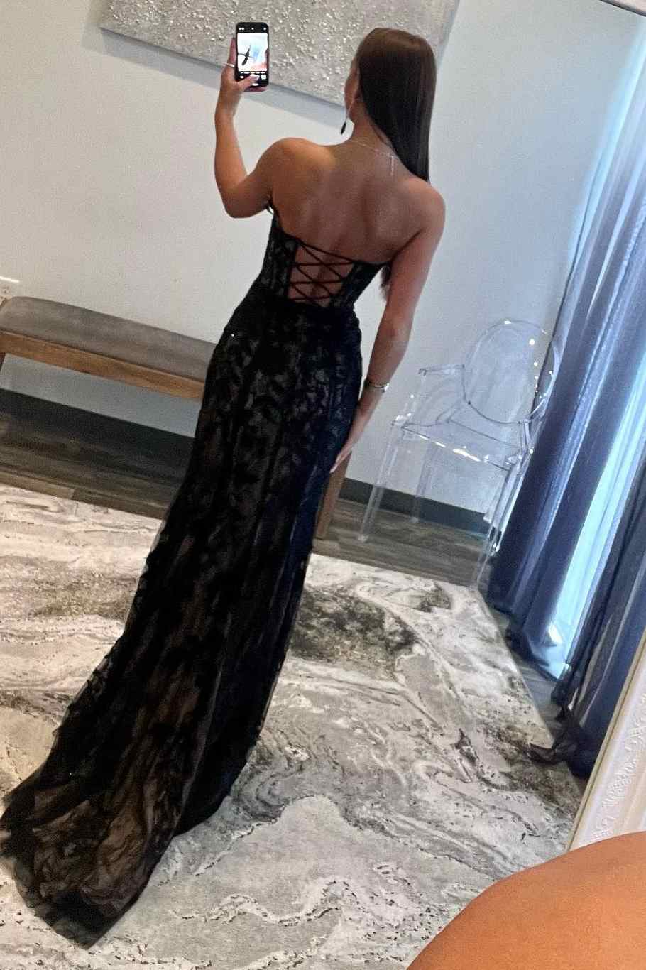 Black Sweetheart Lace Mermaid Long Corset Prom Dress with Slit