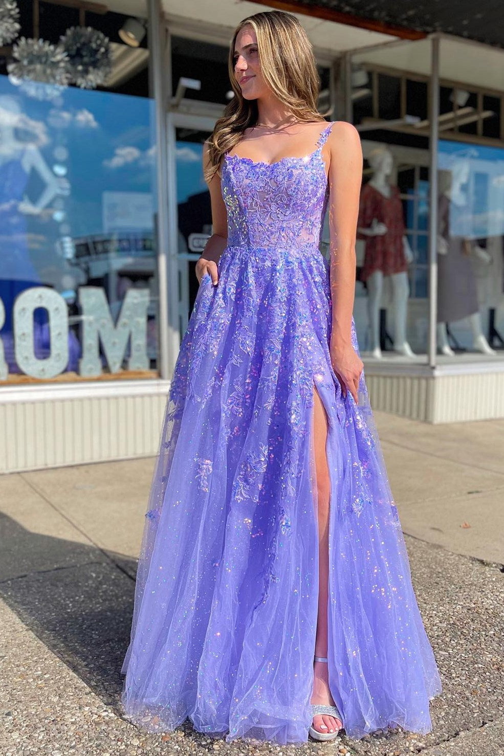 Sparkly Purple Spaghetti Straps A-Line Long Prom Dress with Appliques