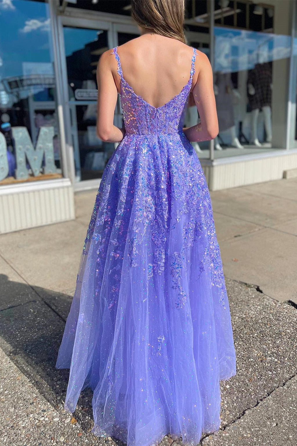 Sparkly Purple Spaghetti Straps A-Line Long Prom Dress with Appliques
