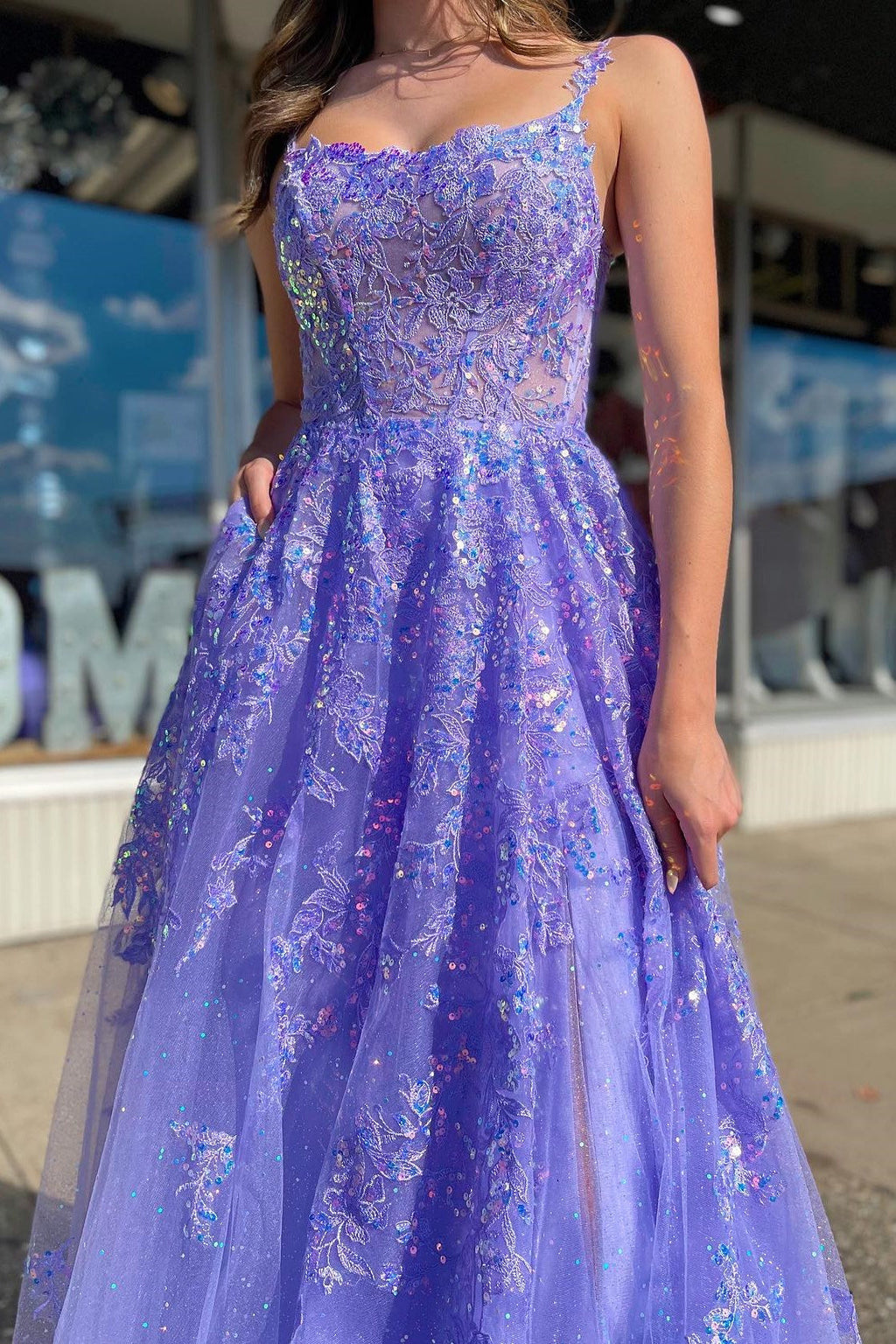 Sparkly Purple Spaghetti Straps A-Line Long Prom Dress with Appliques