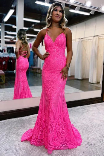 Sparkly Royal Blue Spaghetti Straps Sequin Mermaid Long Prom Dress