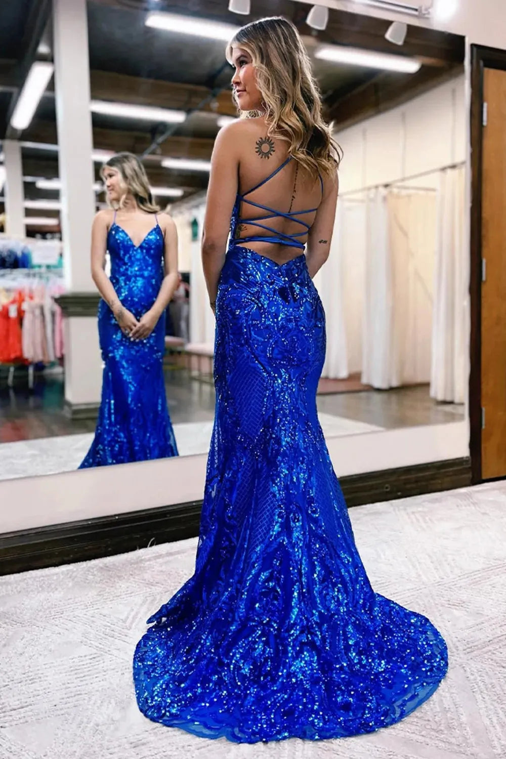 Sparkly Royal Blue Spaghetti Straps Sequin Mermaid Long Prom Dress