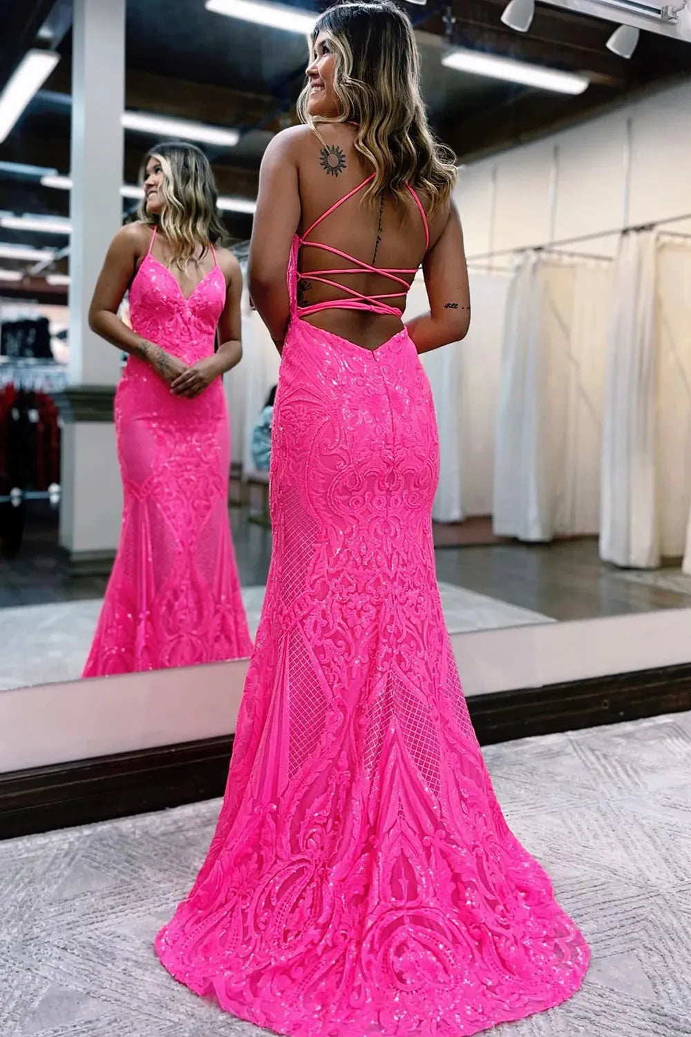 Sparkly Royal Blue Spaghetti Straps Sequin Mermaid Long Prom Dress