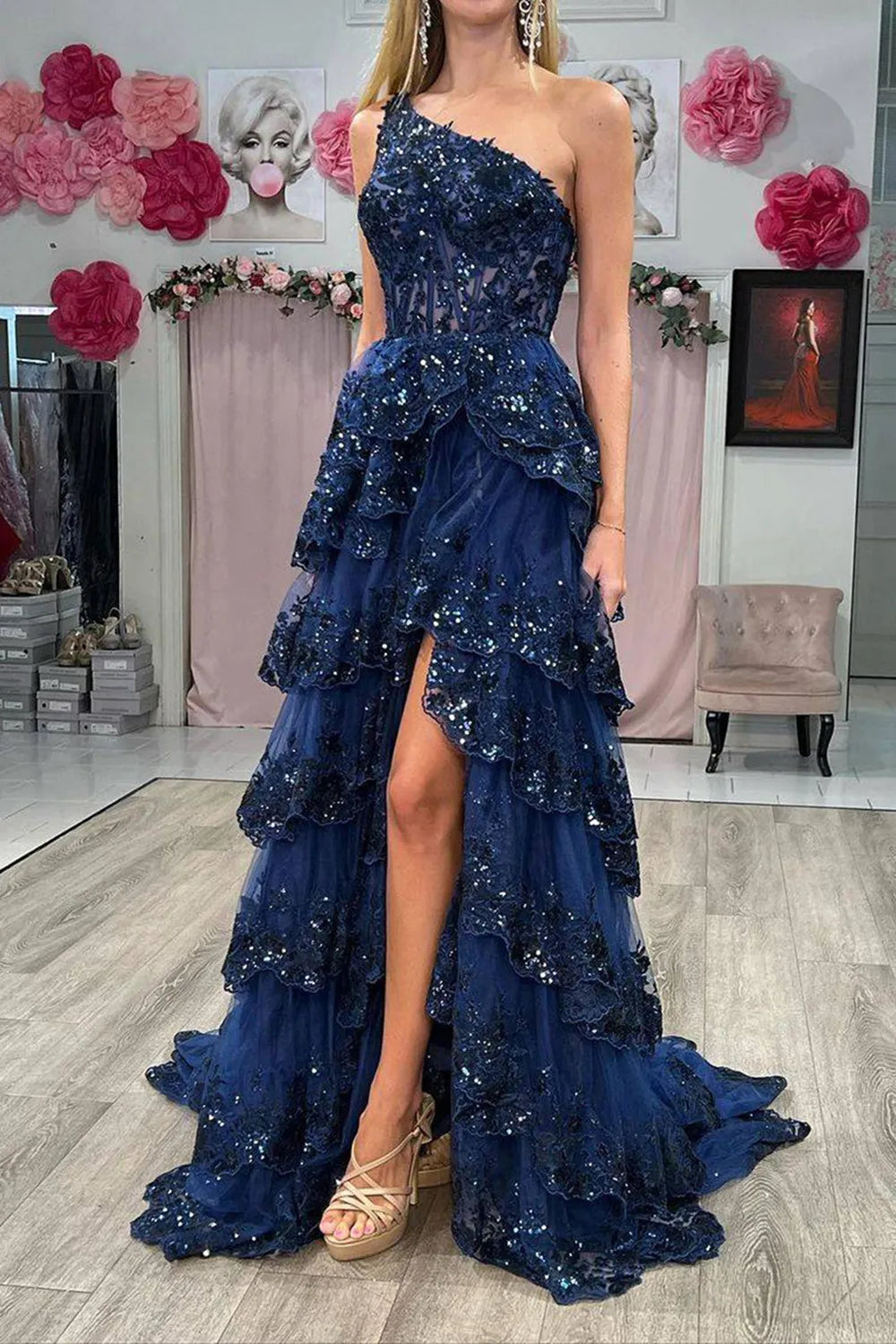 Sparkly Navy One Shoulder Sequin A-Line Tiered Long Prom Dress