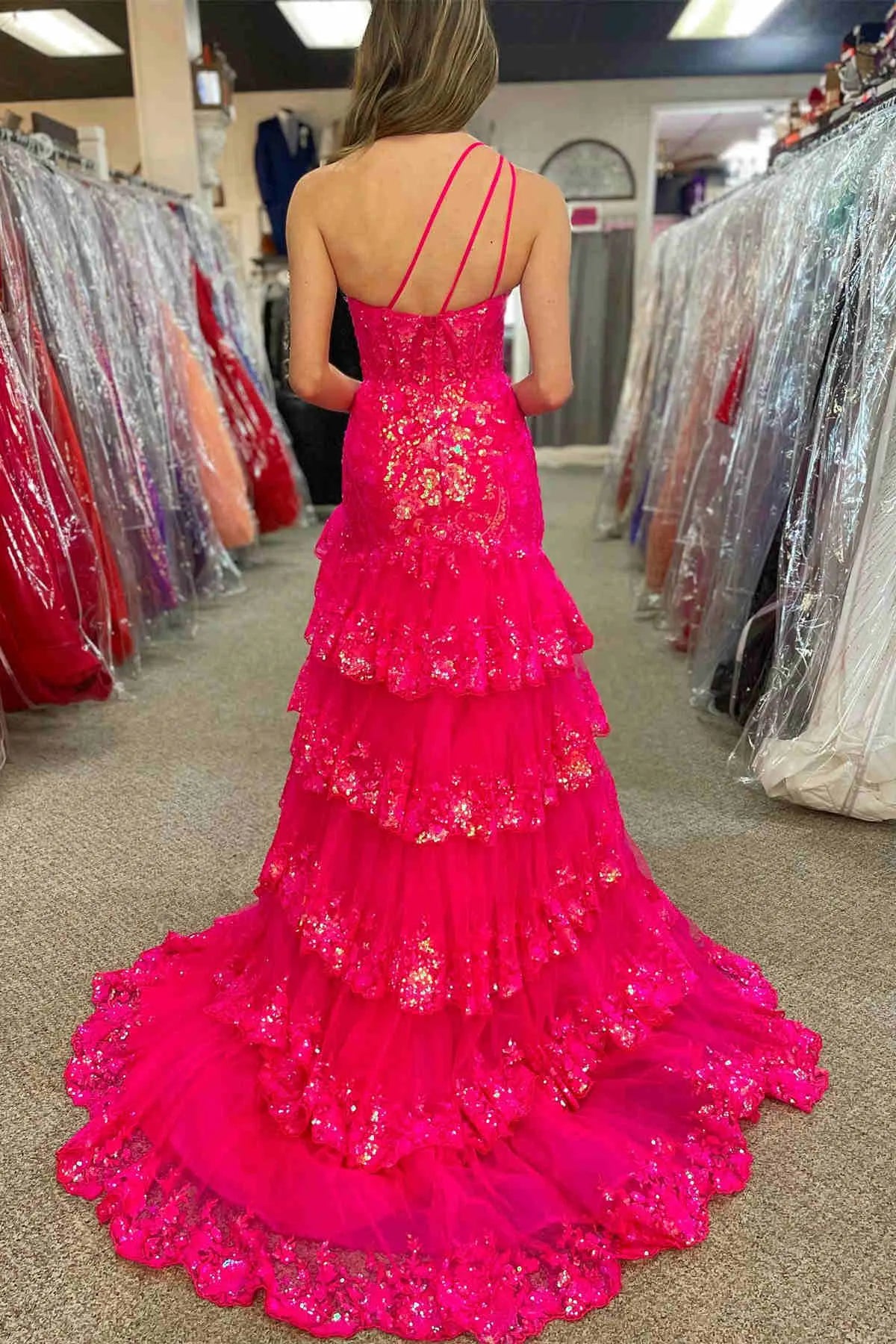 Sparkly Navy One Shoulder Sequin A-Line Tiered Long Prom Dress