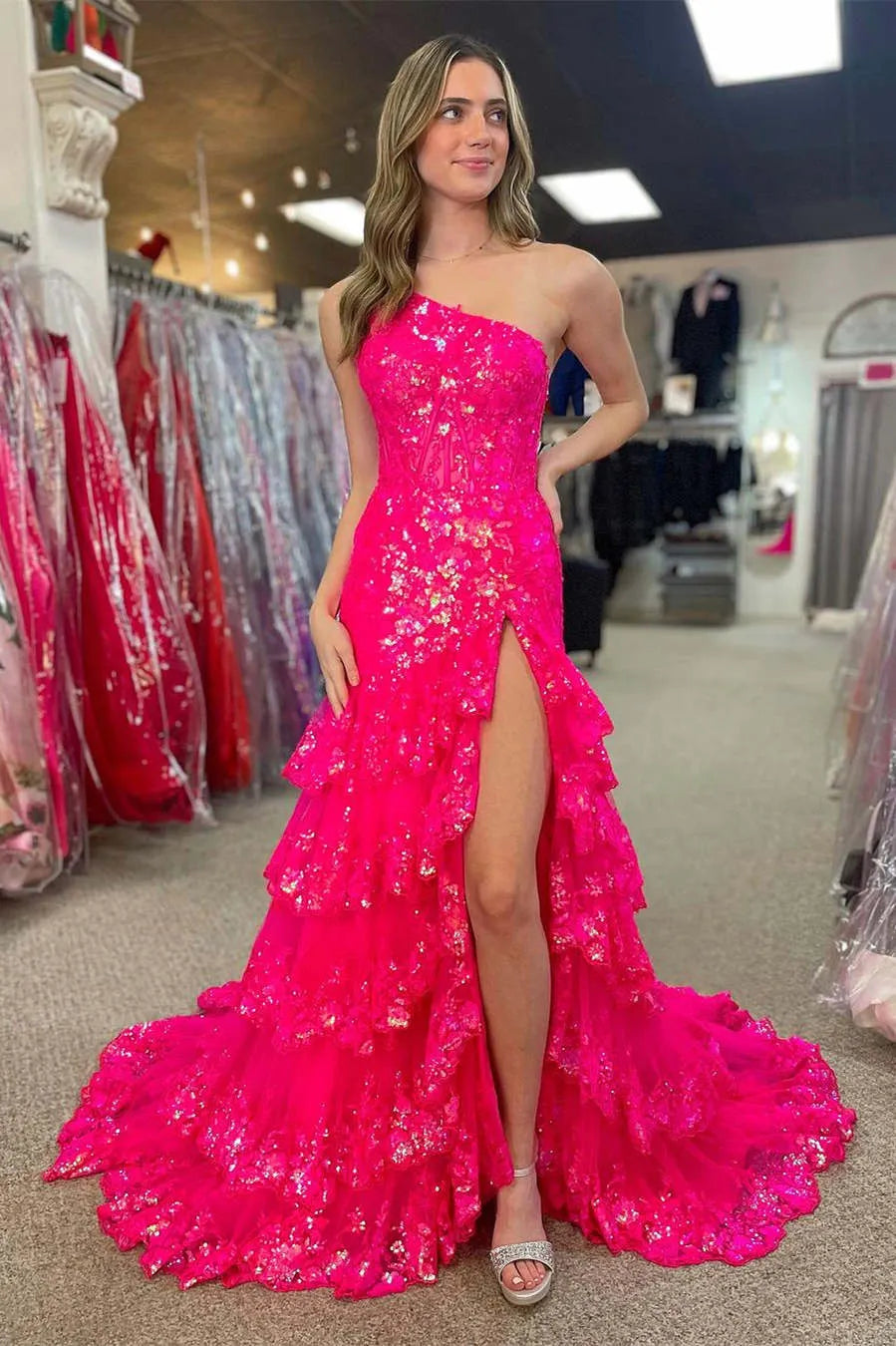 Sparkly Navy One Shoulder Sequin A-Line Tiered Long Prom Dress