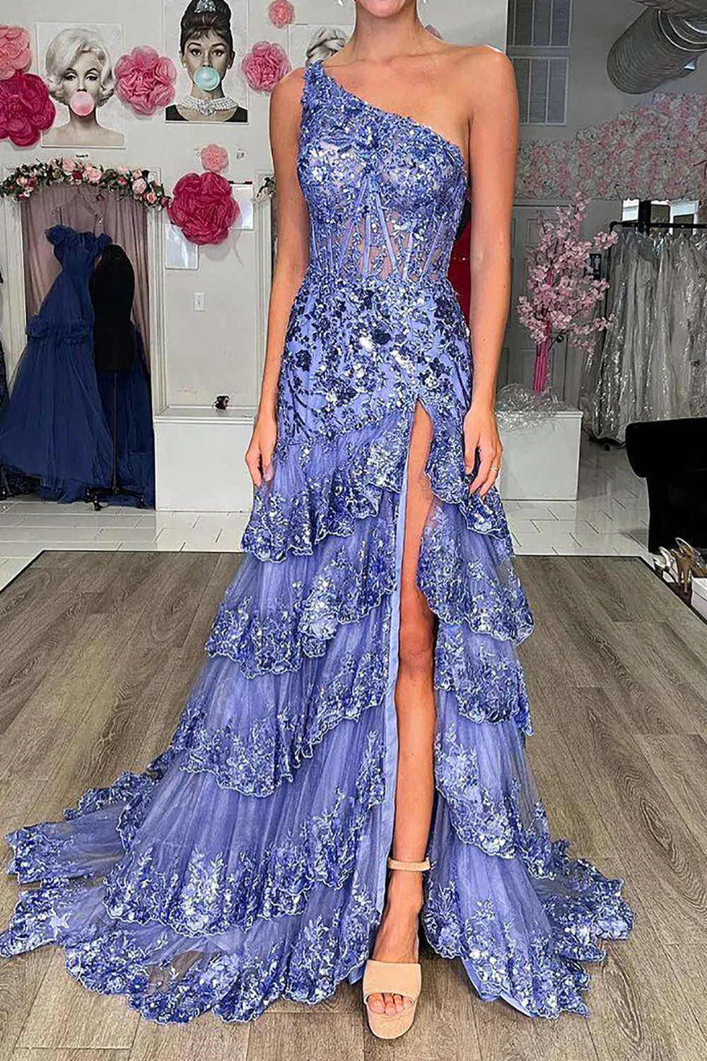 Sparkly Navy One Shoulder Sequin A-Line Tiered Long Prom Dress