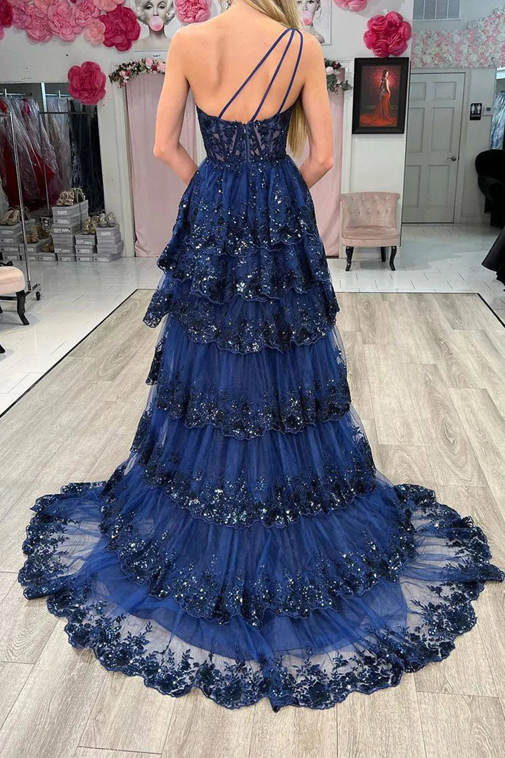 Sparkly Navy One Shoulder Sequin A-Line Tiered Long Prom Dress