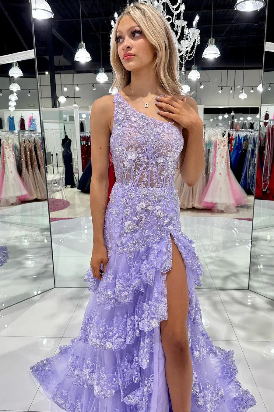 Sparkly Navy One Shoulder Sequin A-Line Tiered Long Prom Dress