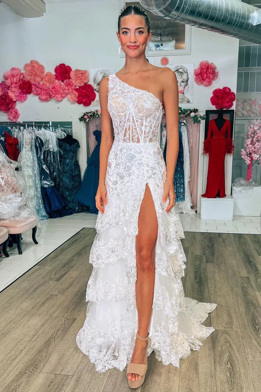 Sparkly Navy One Shoulder Sequin A-Line Tiered Long Prom Dress
