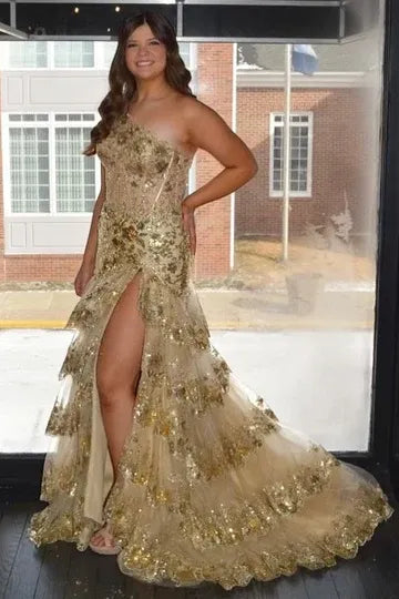 Sparkly Navy One Shoulder Sequin A-Line Tiered Long Prom Dress