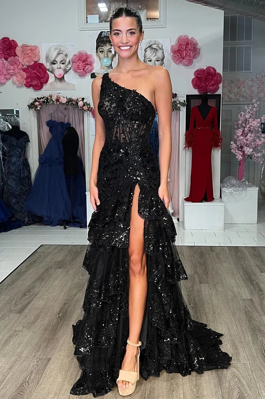 Sparkly Navy One Shoulder Sequin A-Line Tiered Long Prom Dress