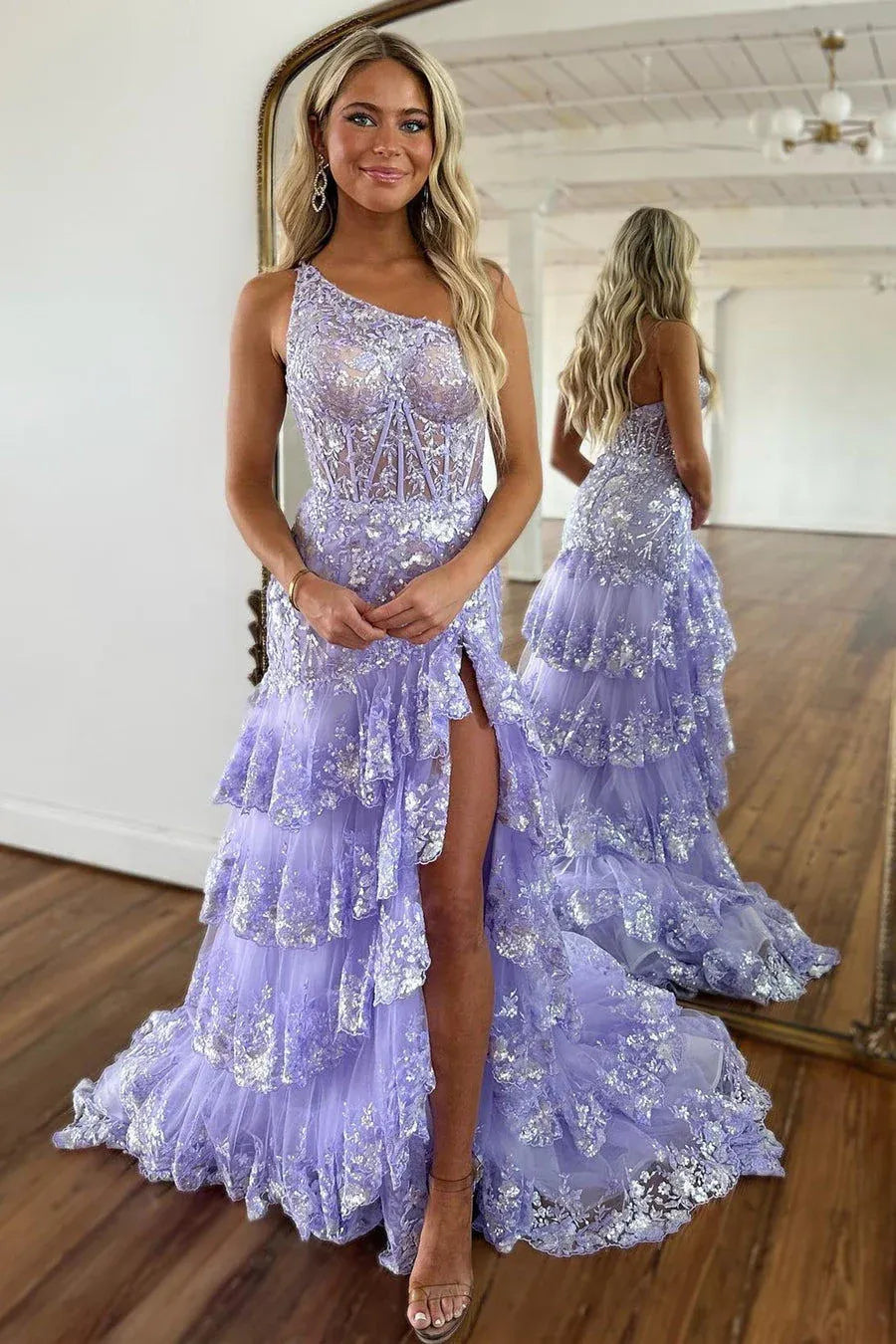 Sparkly Navy One Shoulder Sequin A-Line Tiered Long Prom Dress