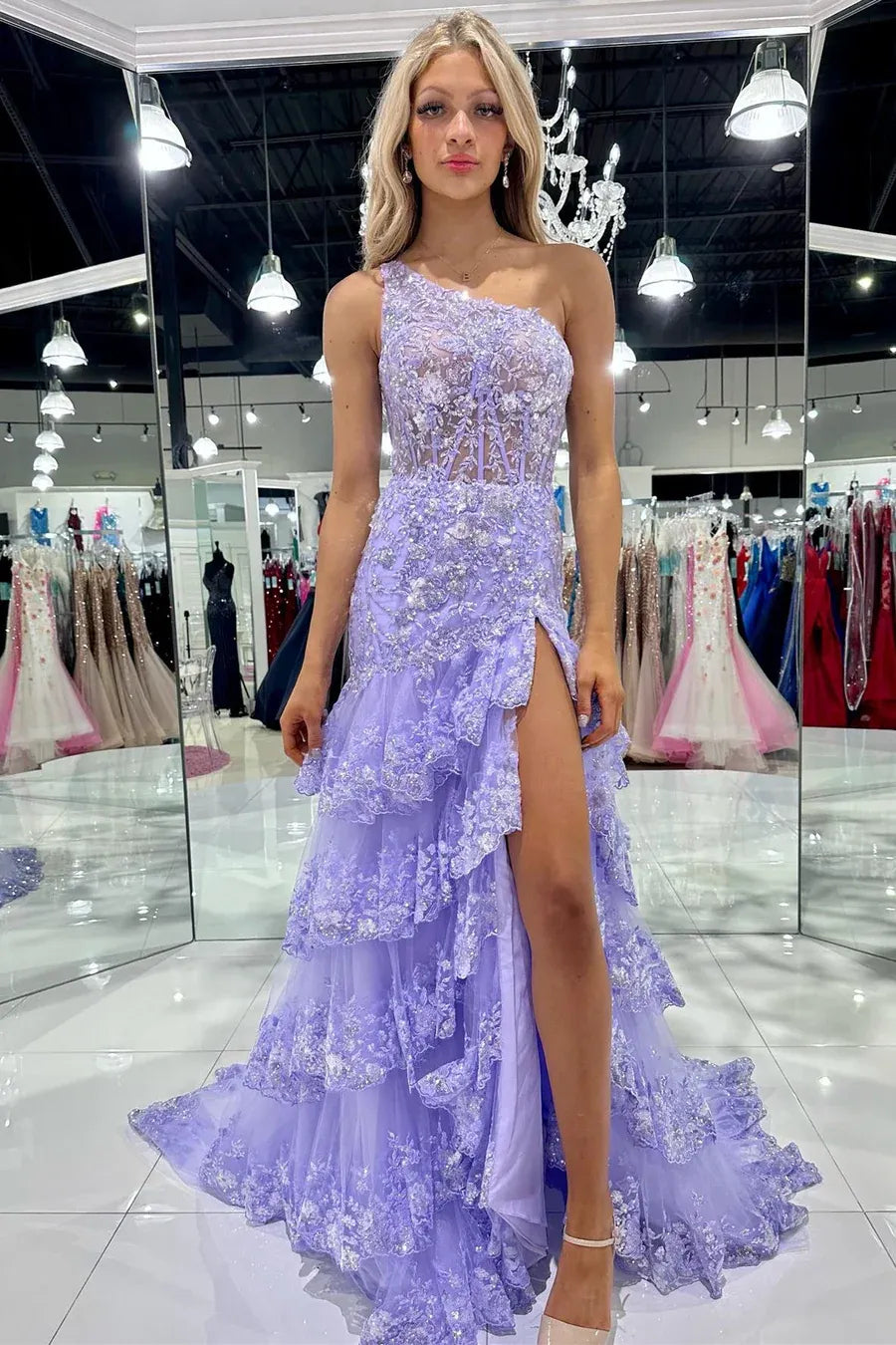 Sparkly Navy One Shoulder Sequin A-Line Tiered Long Prom Dress