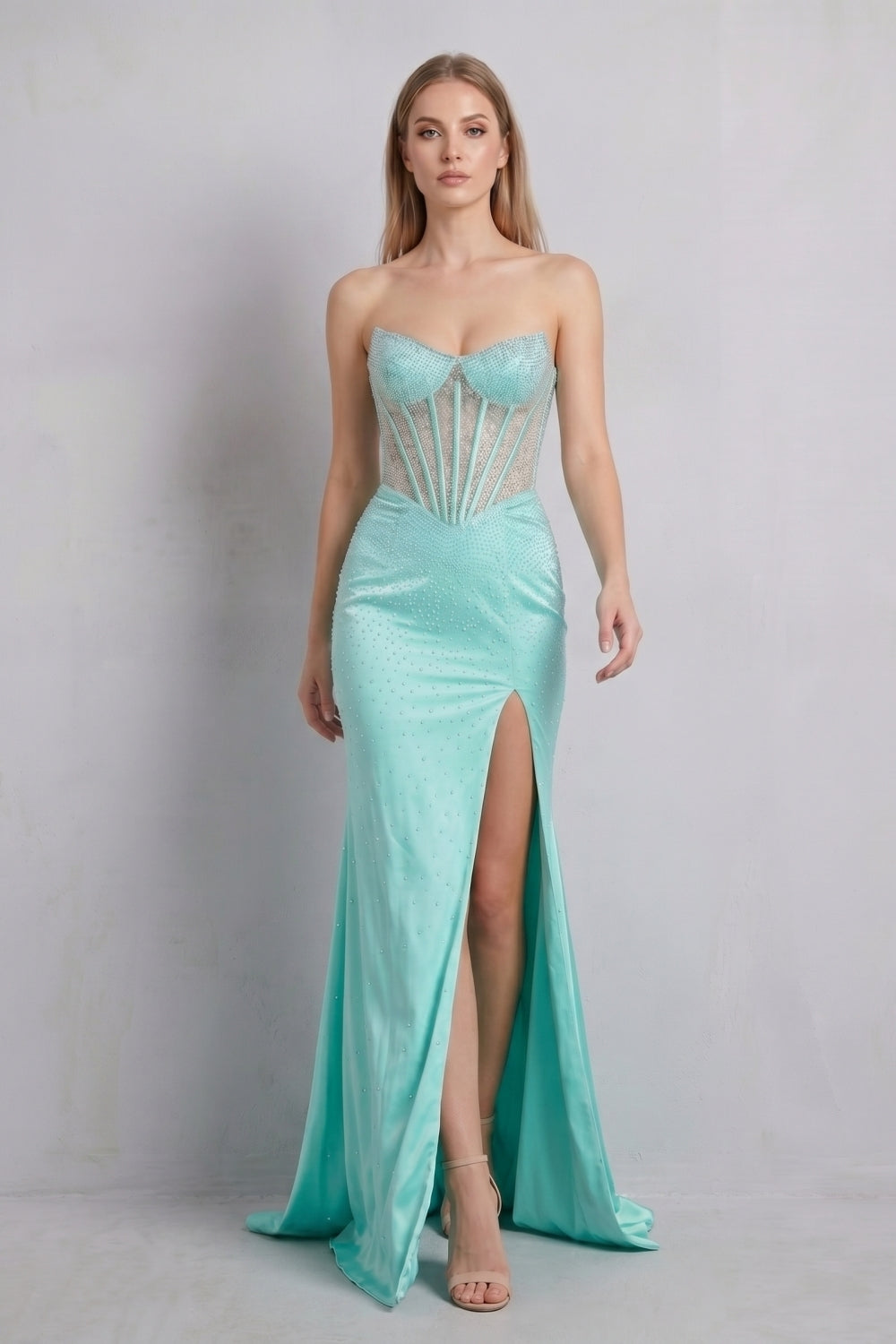 Sparkly Strapless Green Beaded Mermaid Long Prom Dress with Slit