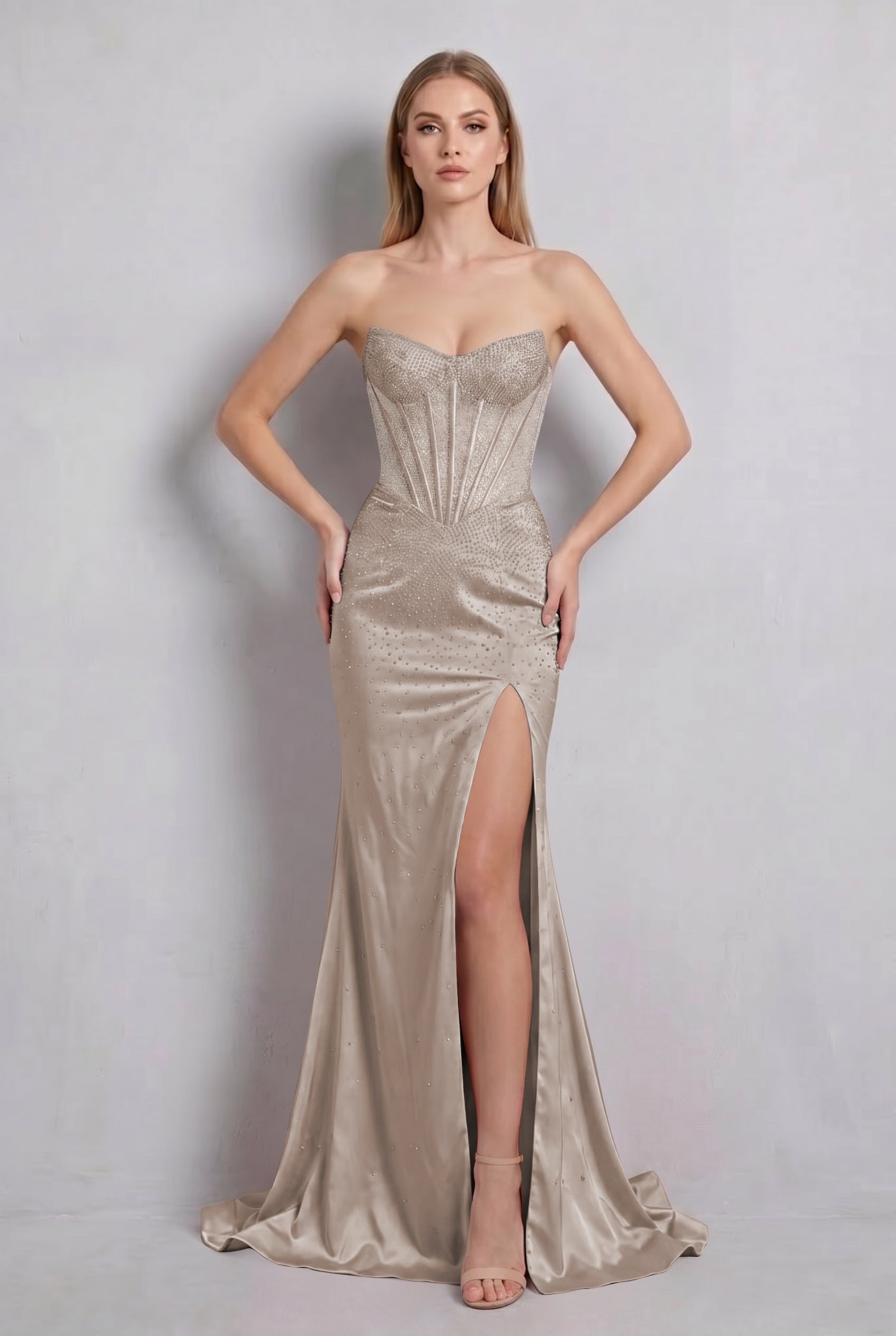 Sparkly Strapless Green Beaded Mermaid Long Prom Dress with Slit