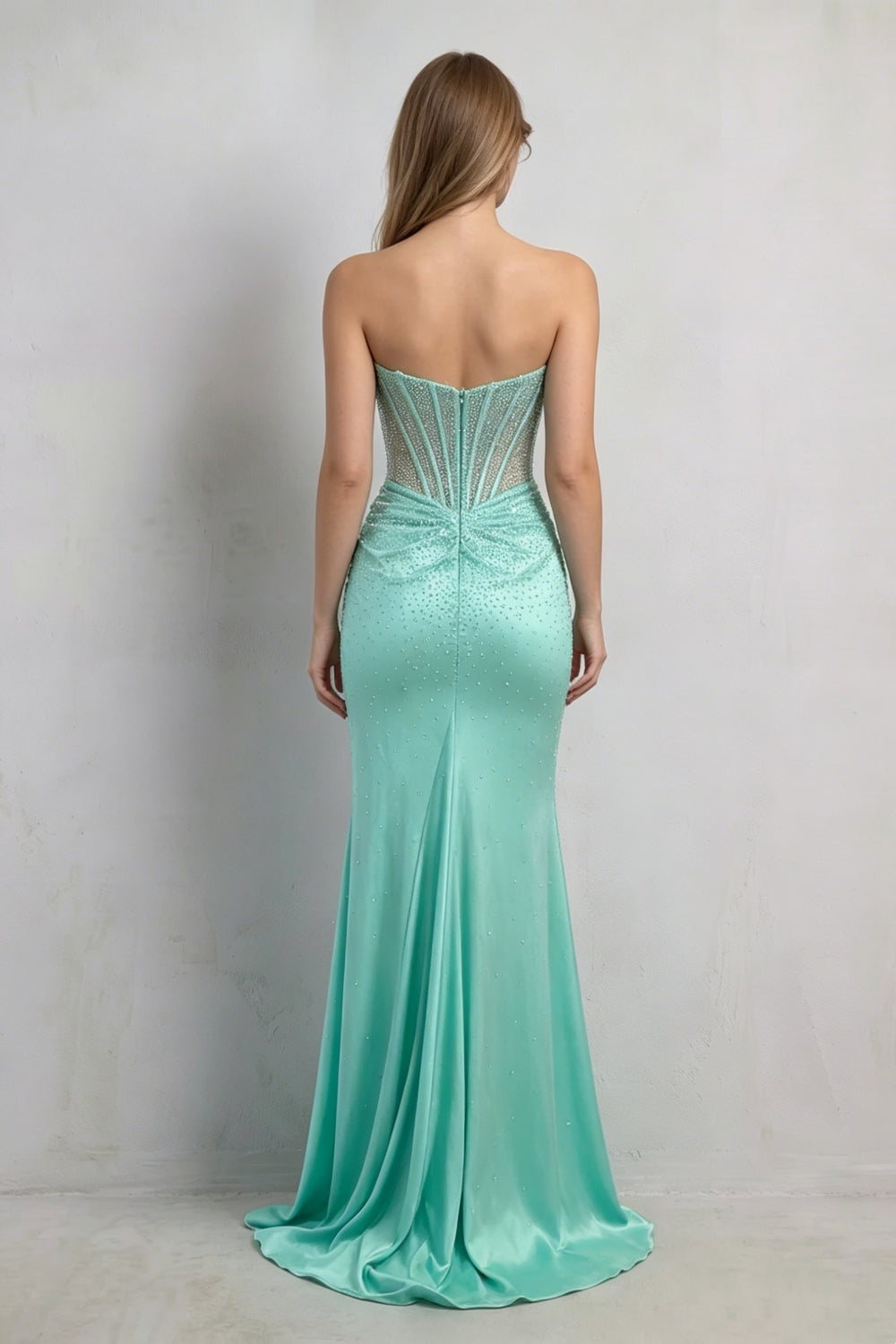 Sparkly Strapless Green Beaded Mermaid Long Prom Dress with Slit