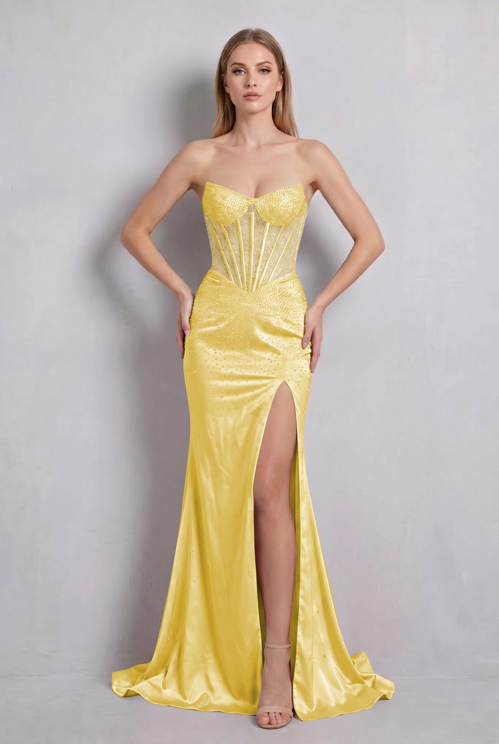 Sparkly Strapless Green Beaded Mermaid Long Prom Dress with Slit