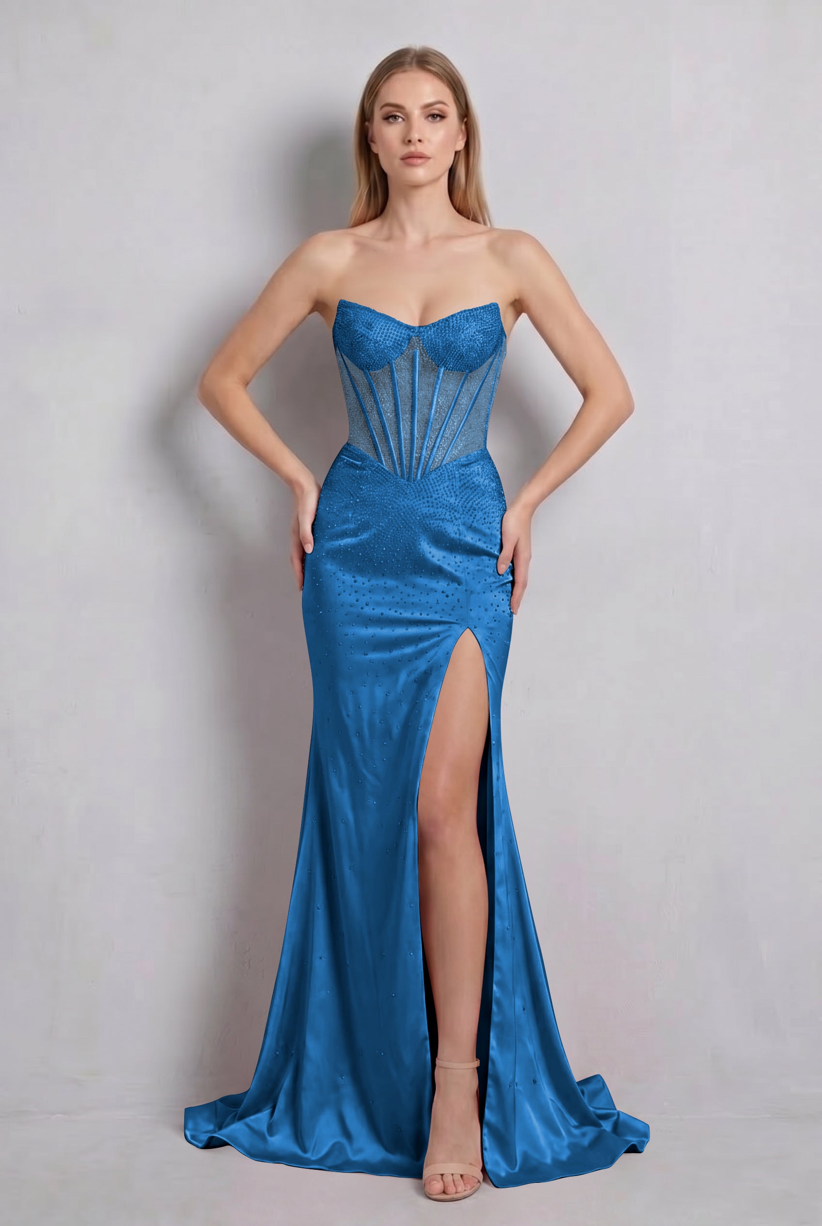 Sparkly Strapless Green Beaded Mermaid Long Prom Dress with Slit