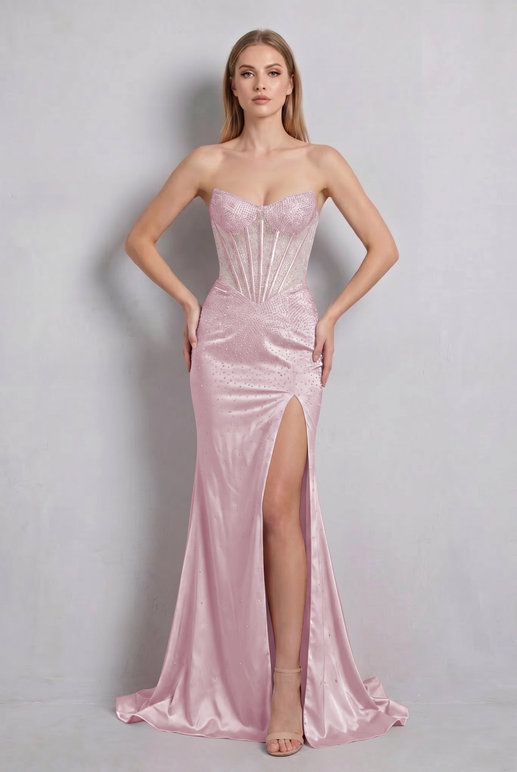 Sparkly Strapless Green Beaded Mermaid Long Prom Dress with Slit