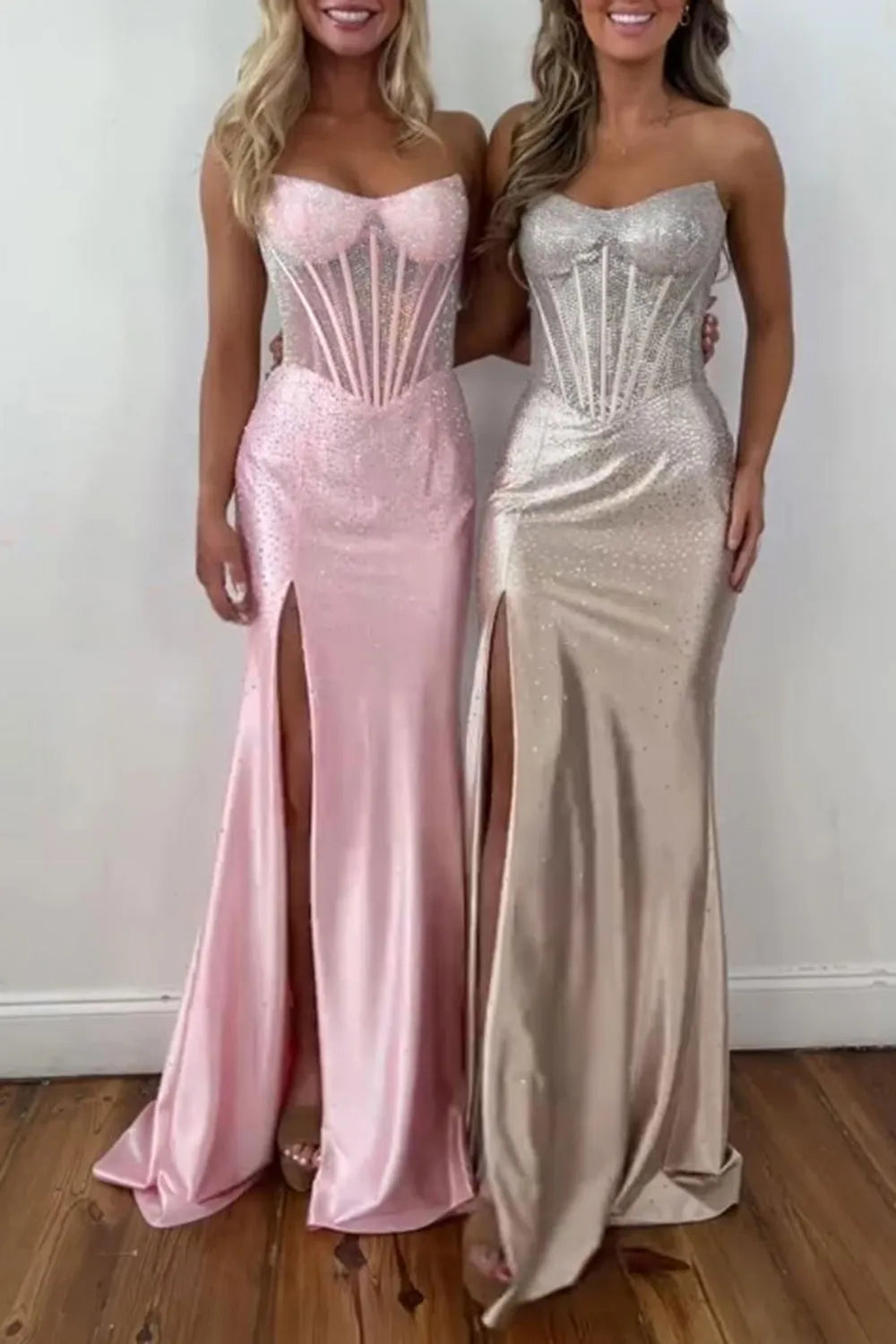 Glitter Strapless Green Beaded Mermaid Long Prom Dress with Slit