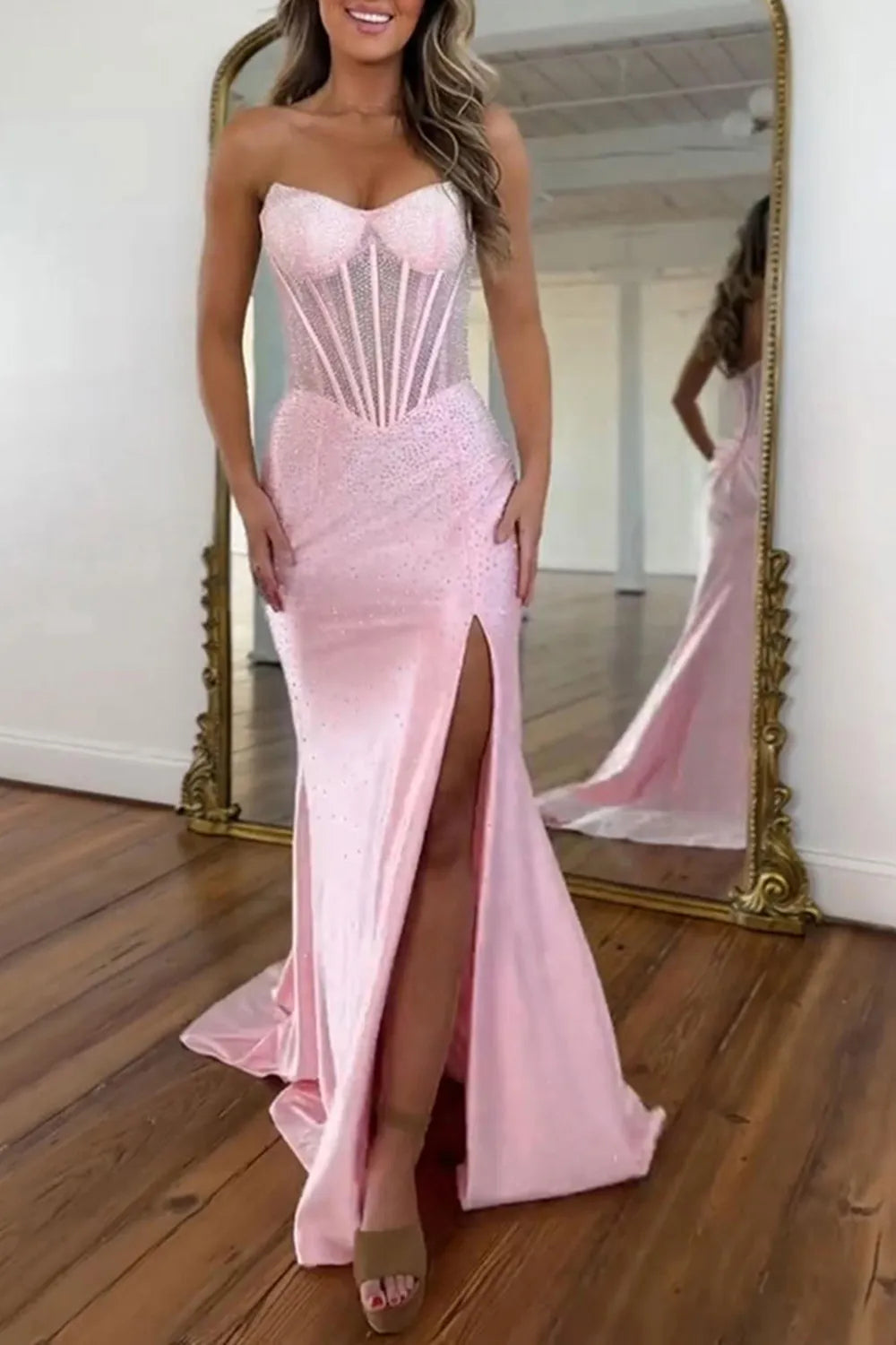 Glitter Strapless Green Beaded Mermaid Long Prom Dress with Slit