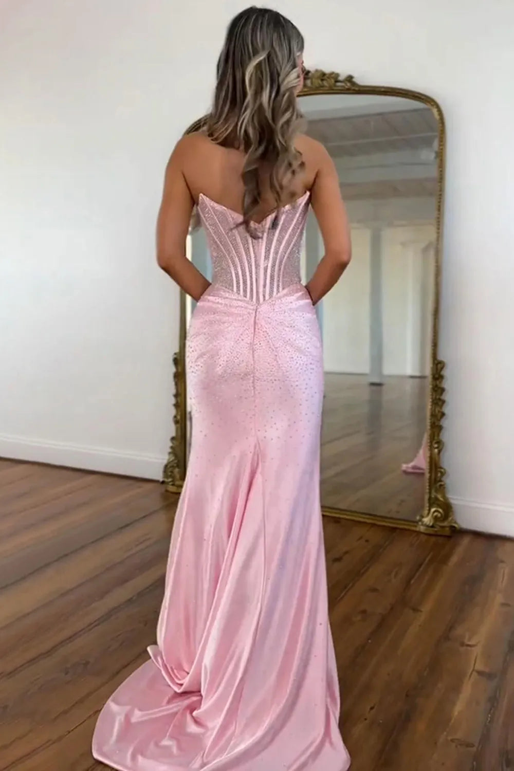 Glitter Strapless Green Beaded Mermaid Long Prom Dress with Slit