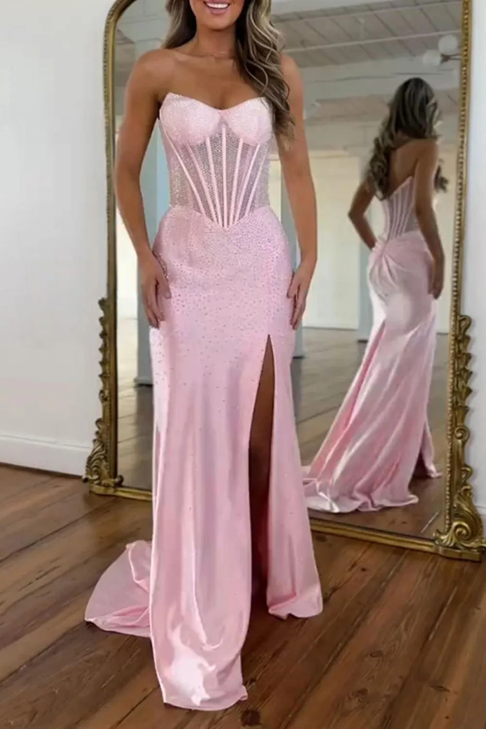 Glitter Strapless Green Beaded Mermaid Long Prom Dress with Slit