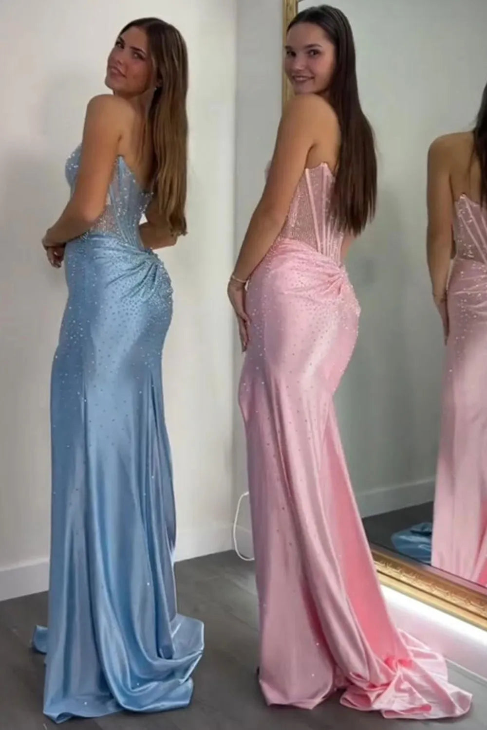 Glitter Strapless Green Beaded Mermaid Long Prom Dress with Slit