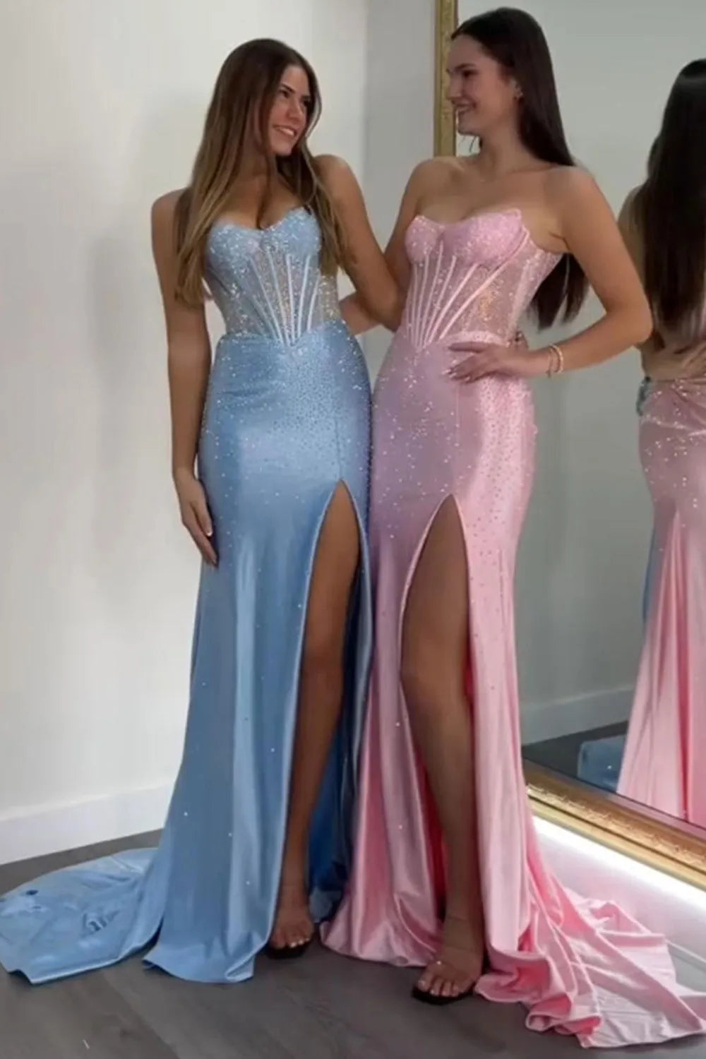 Glitter Strapless Green Beaded Mermaid Long Prom Dress with Slit