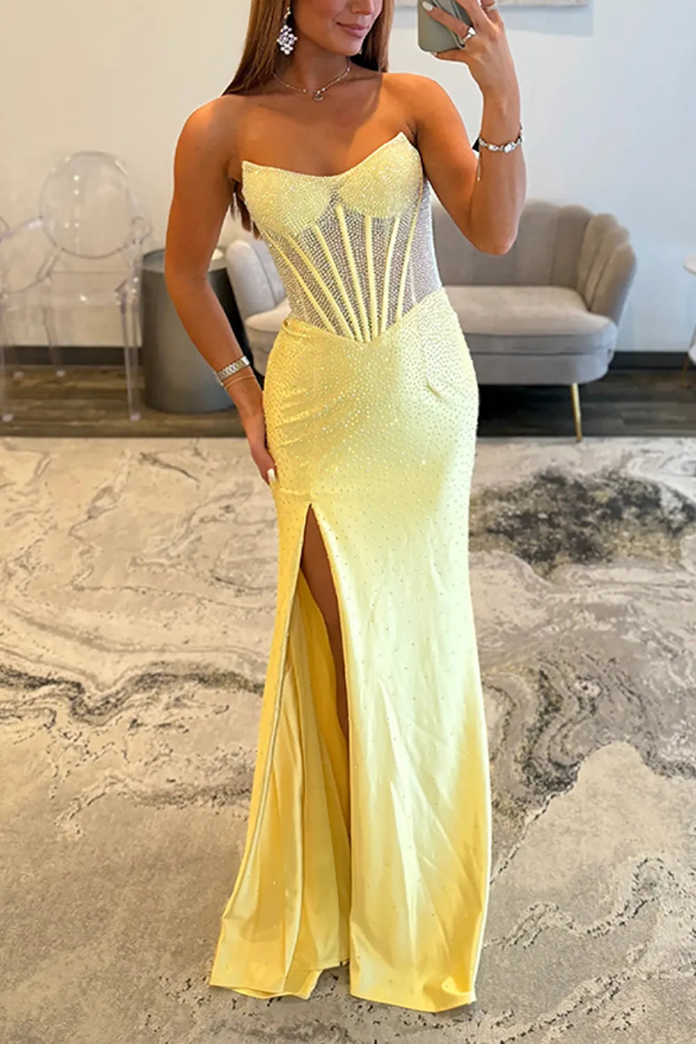 Glitter Strapless Green Beaded Mermaid Long Prom Dress with Slit