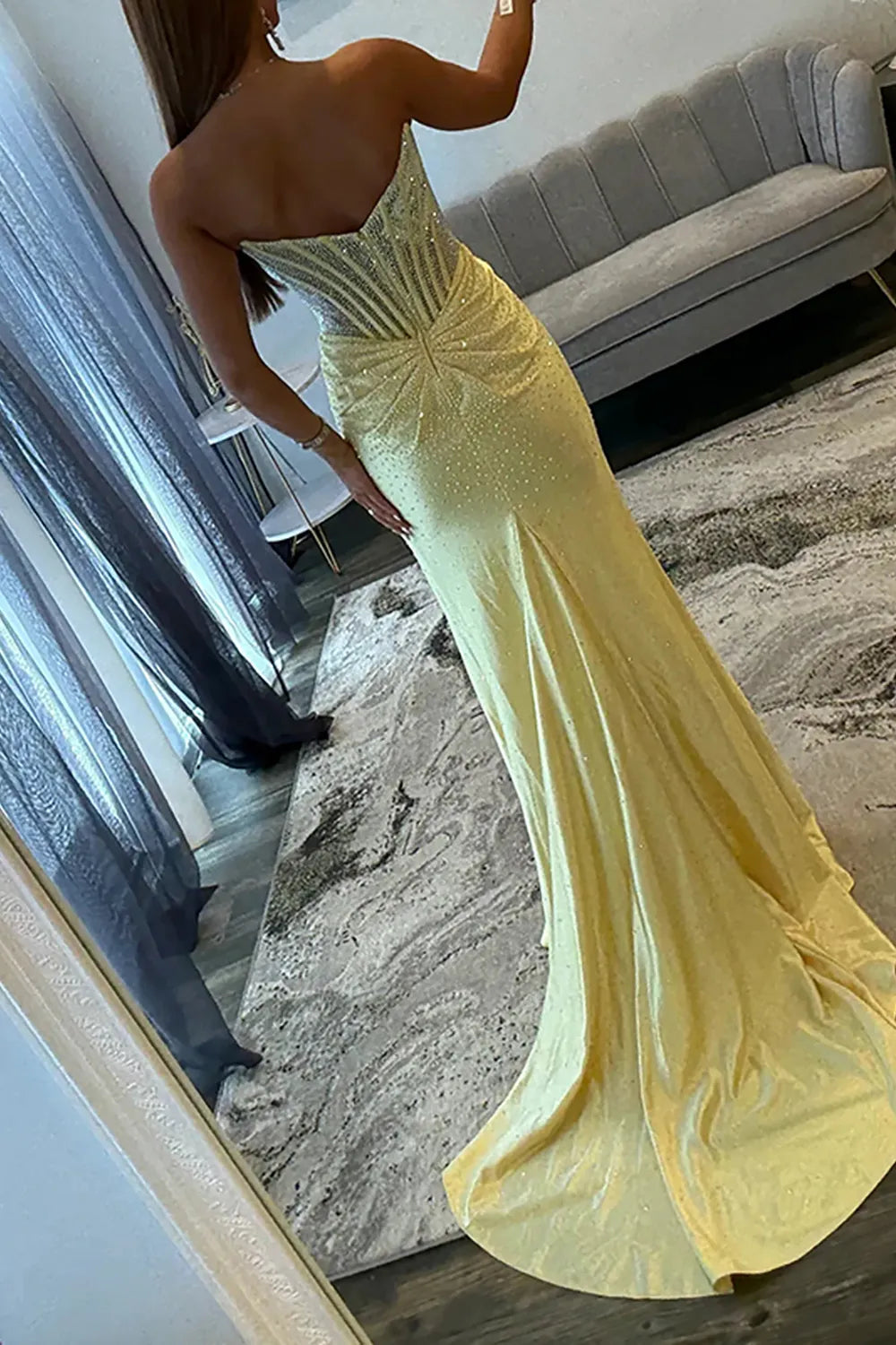 Glitter Strapless Green Beaded Mermaid Long Prom Dress with Slit