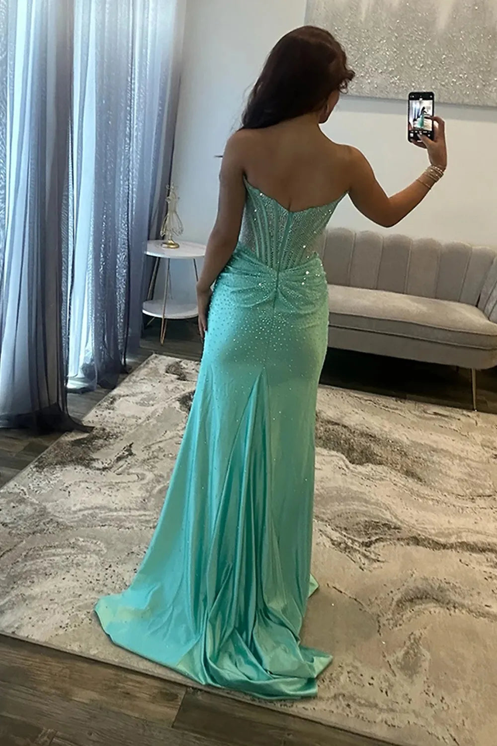 Glitter Strapless Green Beaded Mermaid Long Prom Dress with Slit