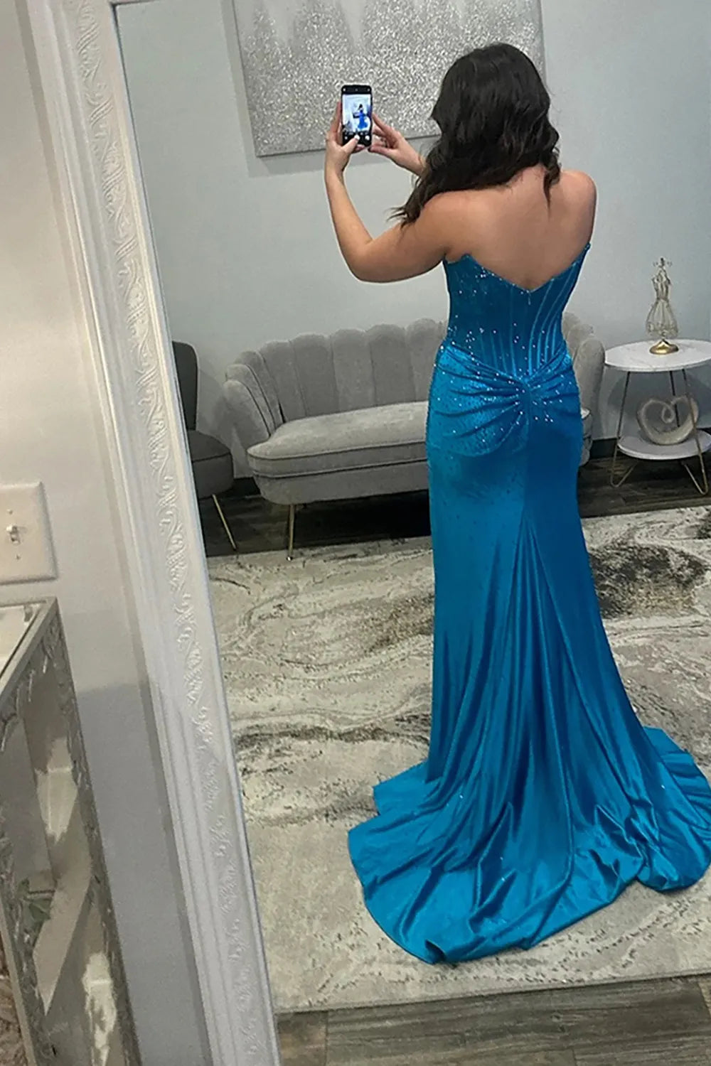 Glitter Strapless Green Beaded Mermaid Long Prom Dress with Slit
