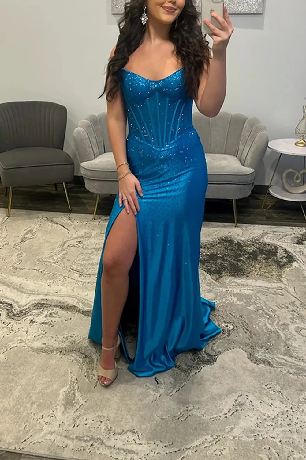 Glitter Strapless Green Beaded Mermaid Long Prom Dress with Slit