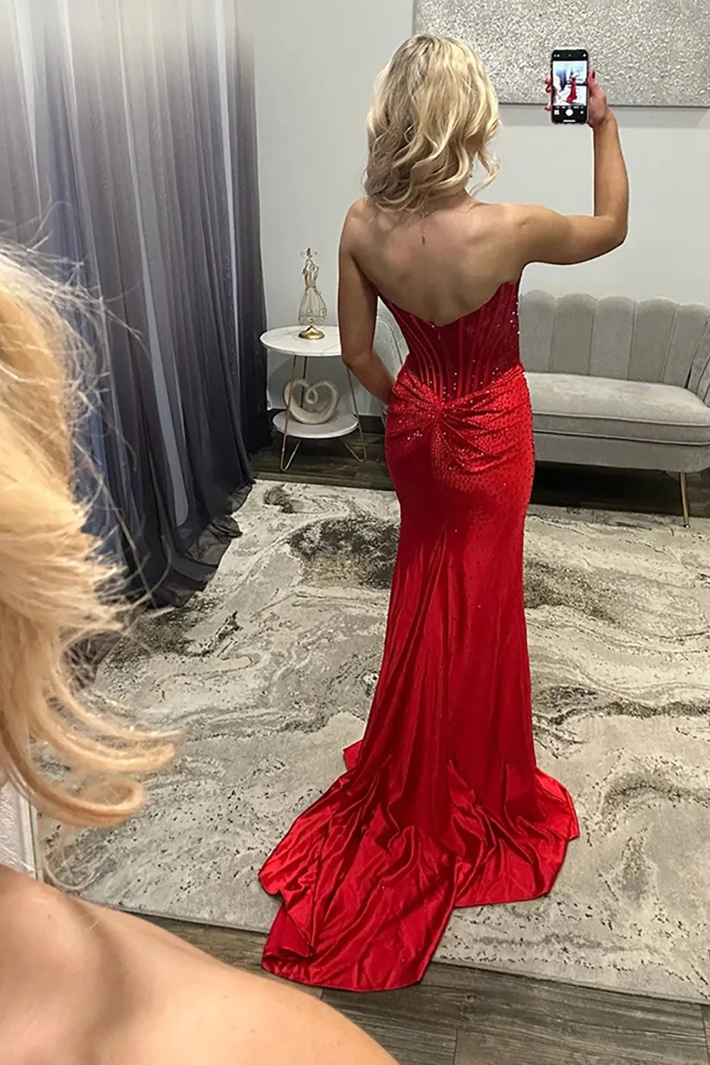 Glitter Strapless Green Beaded Mermaid Long Prom Dress with Slit