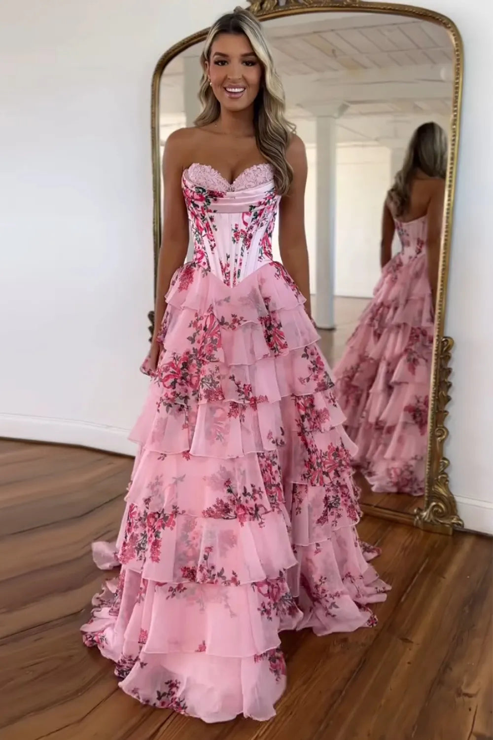 Blue Floral Sweetheart A-Line Tiered Long Prom Dress with Appliques